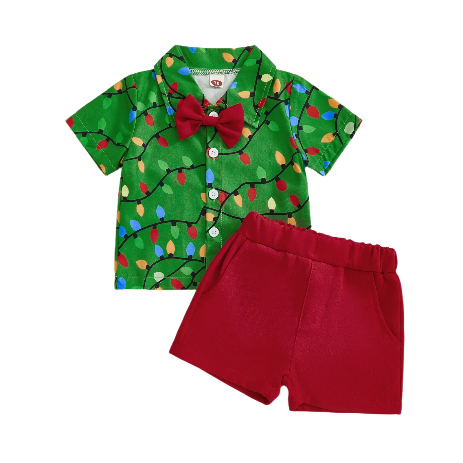 Toddler Boy Christmas Outfit Lights String Print Short Sleeve Bowtie Shirt Solid Elastic Waist Shorts 2 Piece Gentleman Set