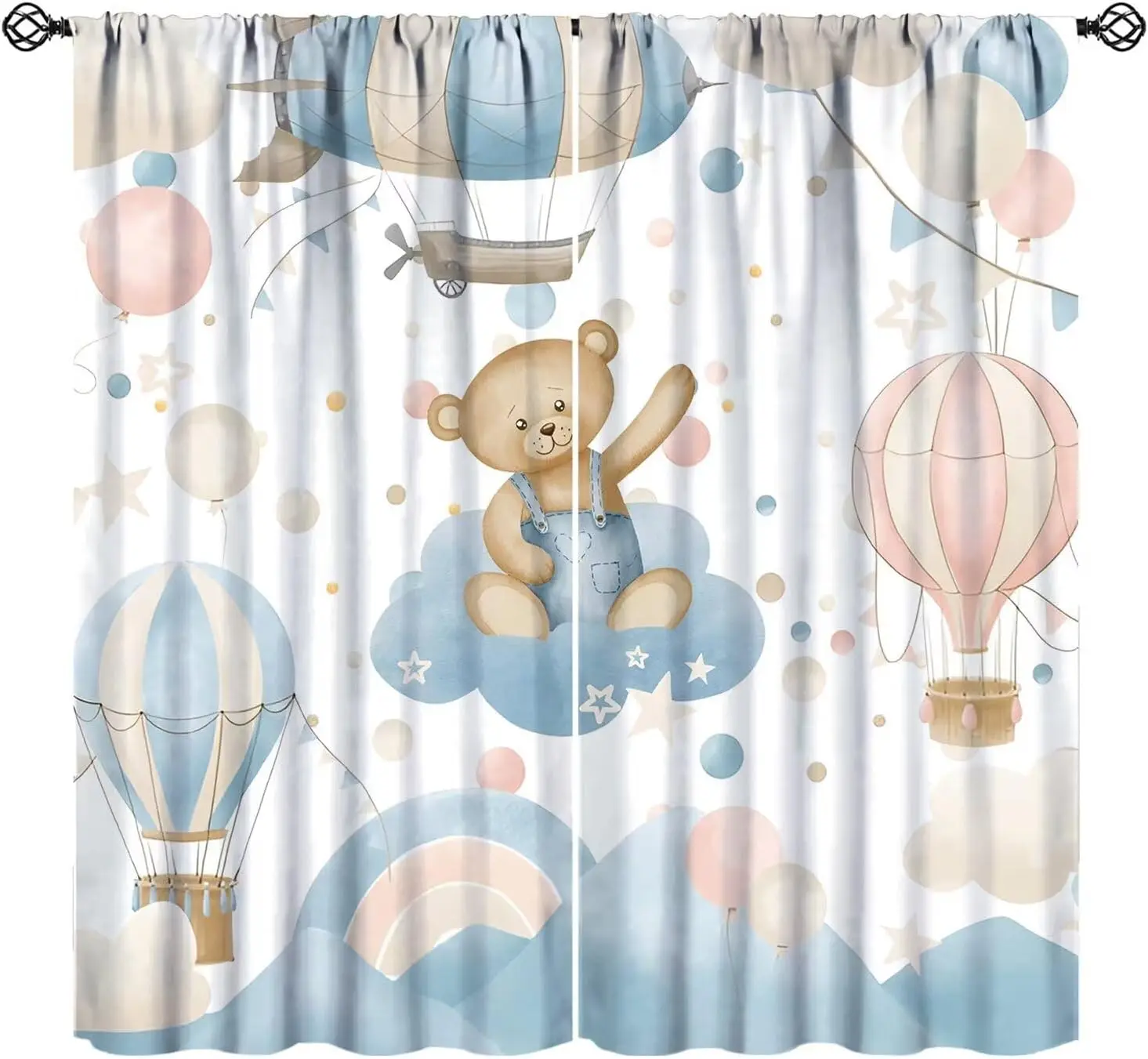 Cartoon Blue Bear Curtains for Boys,Watercolor Little Cute Animal Aircrafts Hot Air Balloons Rainbow Window Drapes for Baby Boys