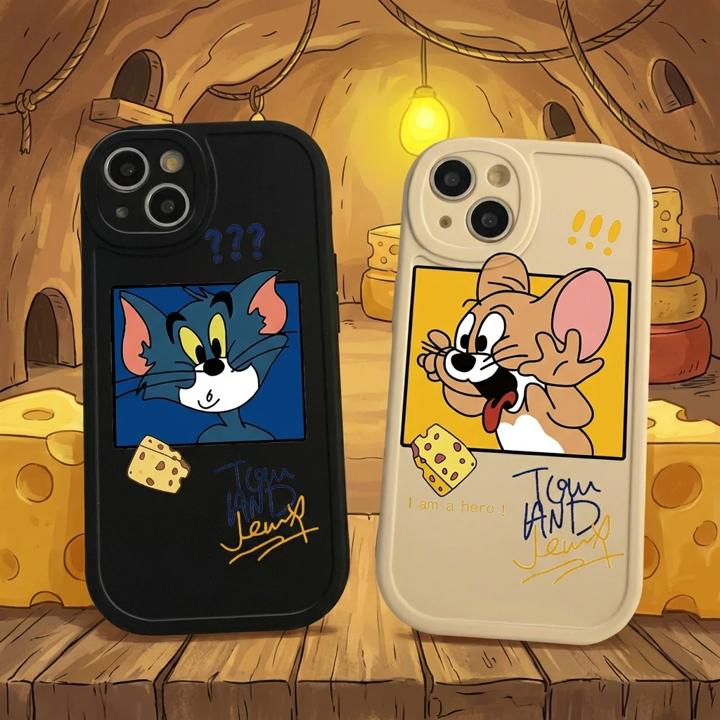 

Чехол для iPhone 16 с милым простым узором в стиле Ins, совместимый с iPhone 15, 14, 13 Pro Max, защитный, с дизайном «Сырный кот и мышь»