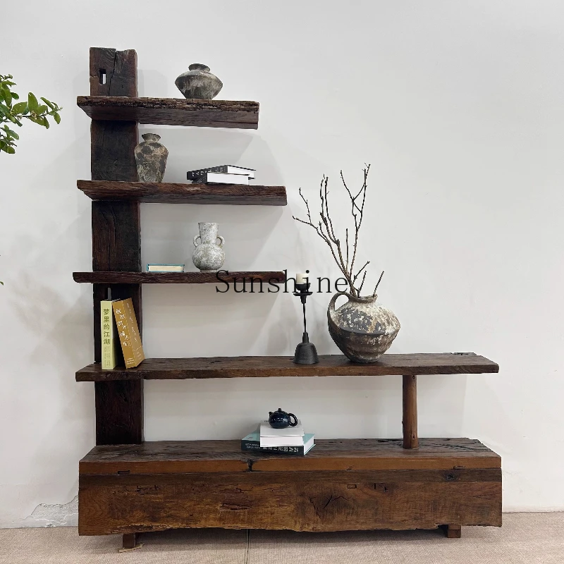 

Wabi Sandy Wind Solid Wood New Chinese Tea Room Old Wood Simple Shelf Screen
