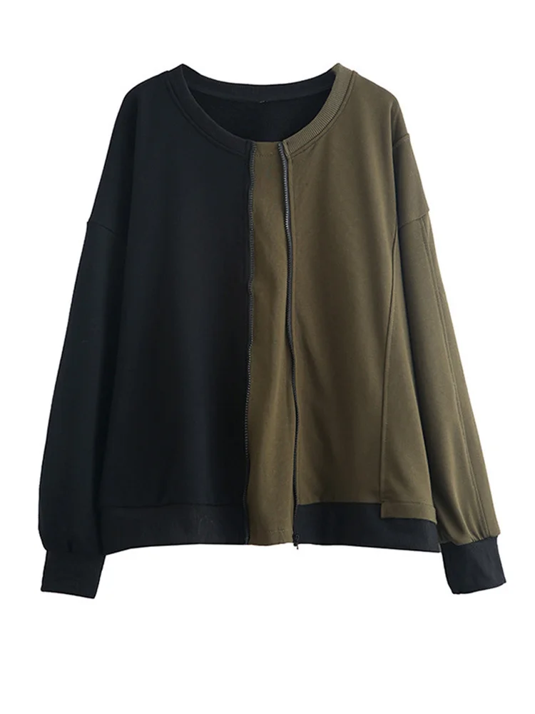 [EAM] Women Color-block Irregular Big Size Army Green T-shirt New Round Neck Long Sleeve Fashion Spring Autumn 2024 1DF5724