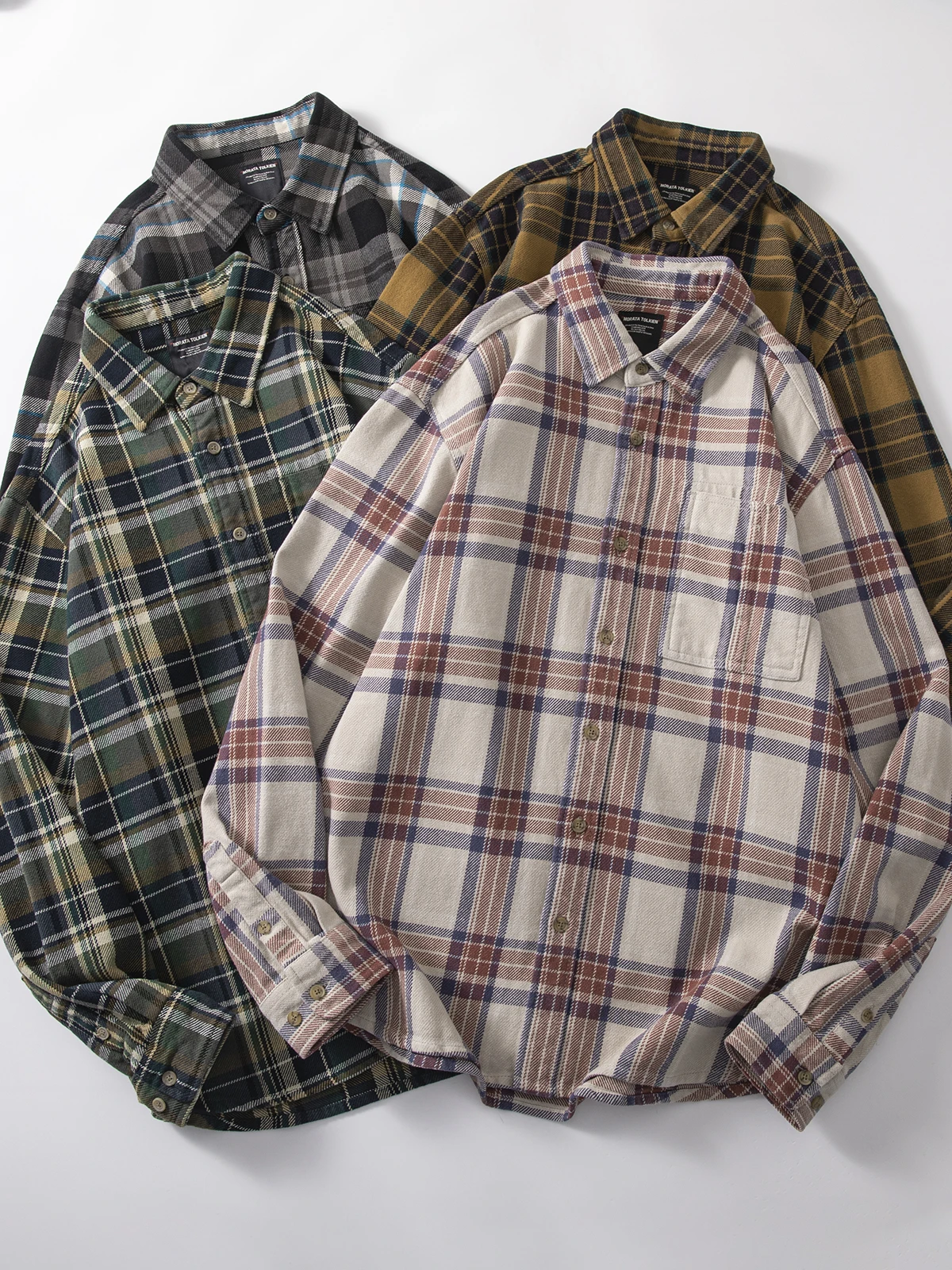 

2025 Autumn New Japanese Retro Long-Sleeve Lapel Thick Flannel Plaid Shirt Men's Simple 100% Cotton Washed Casual Loose Jacket