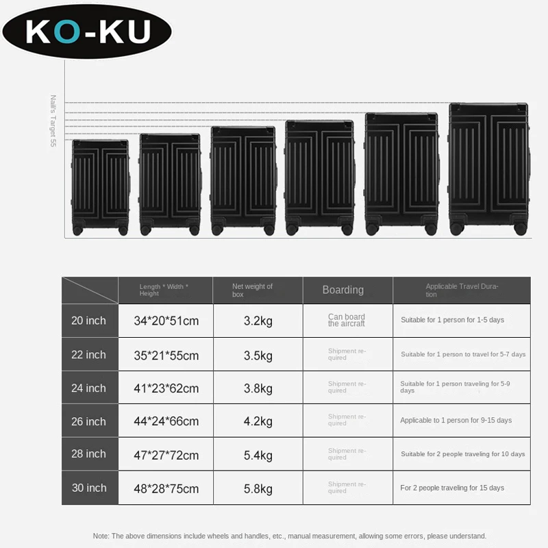 KO-KU 100% Aluminium Magnesium Alloy Luggage 20/22/24/26/28/30 Inch Aluminium Frame Suitcase High Quality Unisex Boarding Box