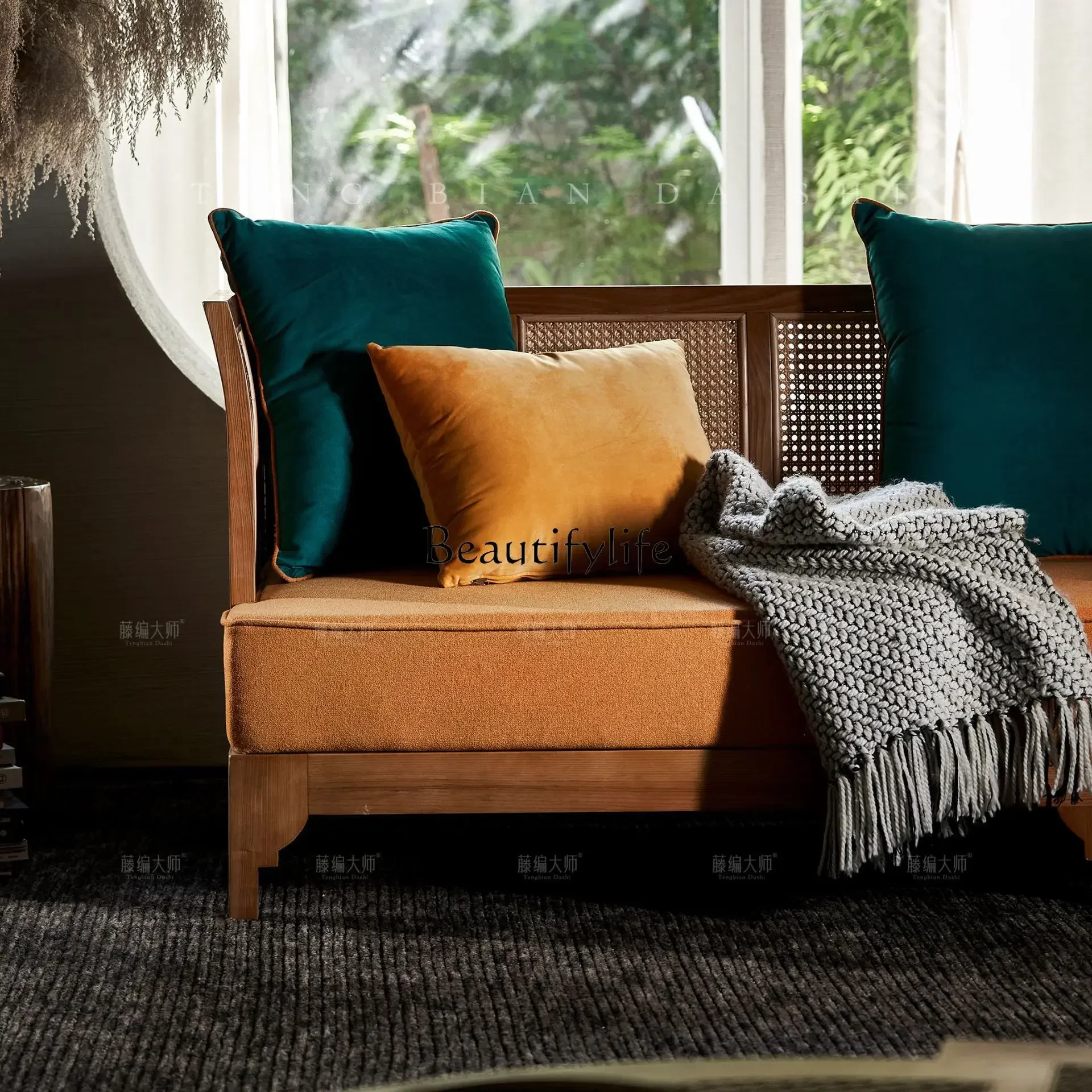 LD6LDJapanese solid wood rattan sofa retro creative furniture