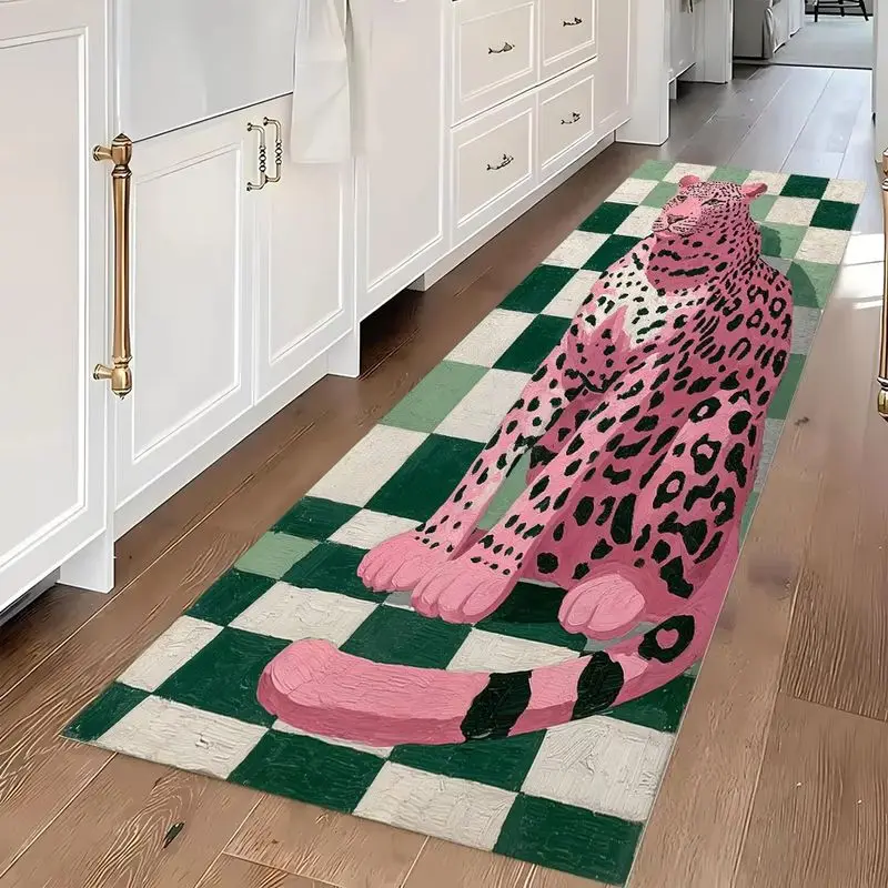 VIKAMA Pink Leopard Runner Rug Flannel Non Slip Hallway Carpet Checkerboard Pattern Washable Kitchen Entryway Floor Mat Art