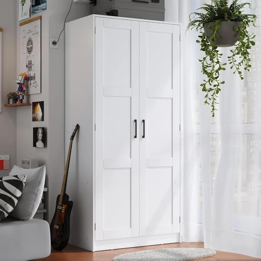 

Wood White Wardrobe Closet with 2 Doors，Bedroom Freestanding Armoire Storage Cabinet with Shelves，Wooden Wardrobe Combination fo