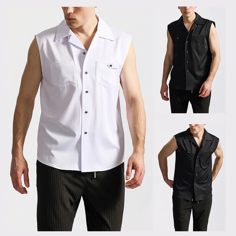 

Classic Solid Color Sleeveless Shirt for Men's Summer Loose Casual Shirts Vest Nightclub Stage Performance Shirt Men Clothing