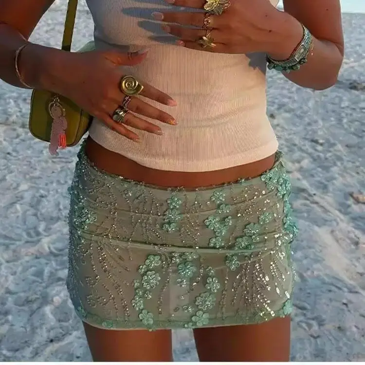 Heavy Industry Shiny Beach Vacation Atmosphere Sexy Sequin Embroidered Flower Mesh Hip Skirt