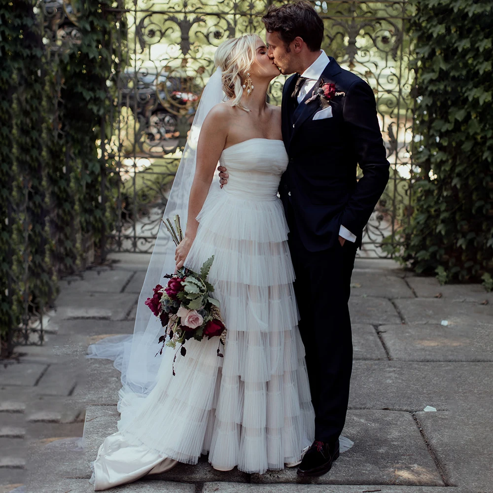 Maxivestido de novia de tul fruncido, elegante, recto, sin tirantes, de malla escalonada, con cremallera en capas, tutú de princesa, rústico