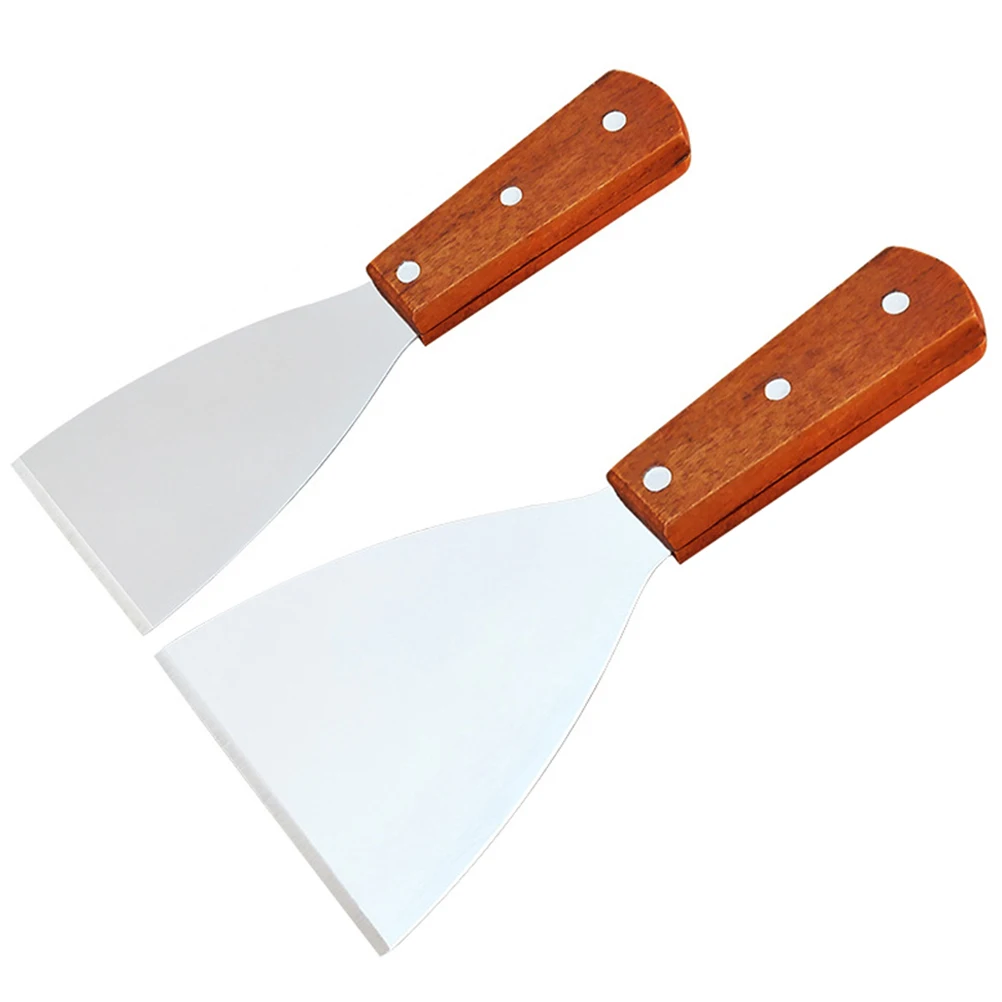 

2 Pcs Stainless Steel Blade Bamboo Handle Kitchen Scrapers Cake Spatula Griddle Tools Easy Clean Safe Wooden Carbon