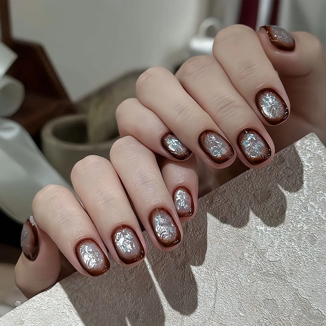 10 pz Marrone Cat Eye Unghie Fatte A Mano Iced American Press on Nail Breve Ovale Unghie Finte per Le Donne e La Ragazza Rimovibile Indossabile Nail Art