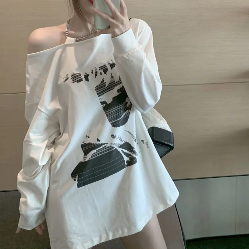 Spring Autumn Off Shoulder Long Sleeve T-Shirts Women Clothes New Fashion Irregular Strapless Chain Trend Mid Length Top Femme