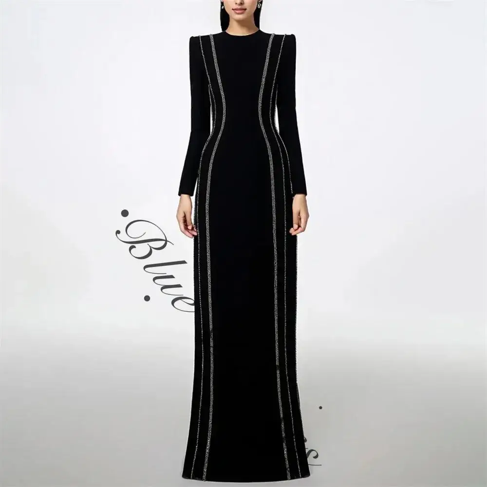 

customized Long Sequined Woman Prom Gown O Neck Full Sleeve Vintage Elegant Luxury Long Floor Length Black Classic Evening Dress