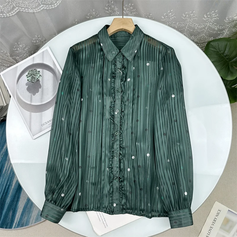 

Elegant French Style Checkered Silk Women's Shirt round Dot Pattern Long Sleeve Straight Cut Fashionable Commute Office Shirt