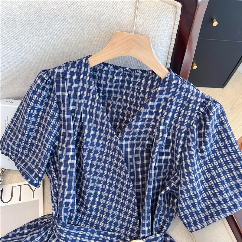 Chic Plaid Shirt Women Summer Harajuku Fashion V Neck Short Sleeve Top Korean Sweet Slim All Match Female Casual Blouse New