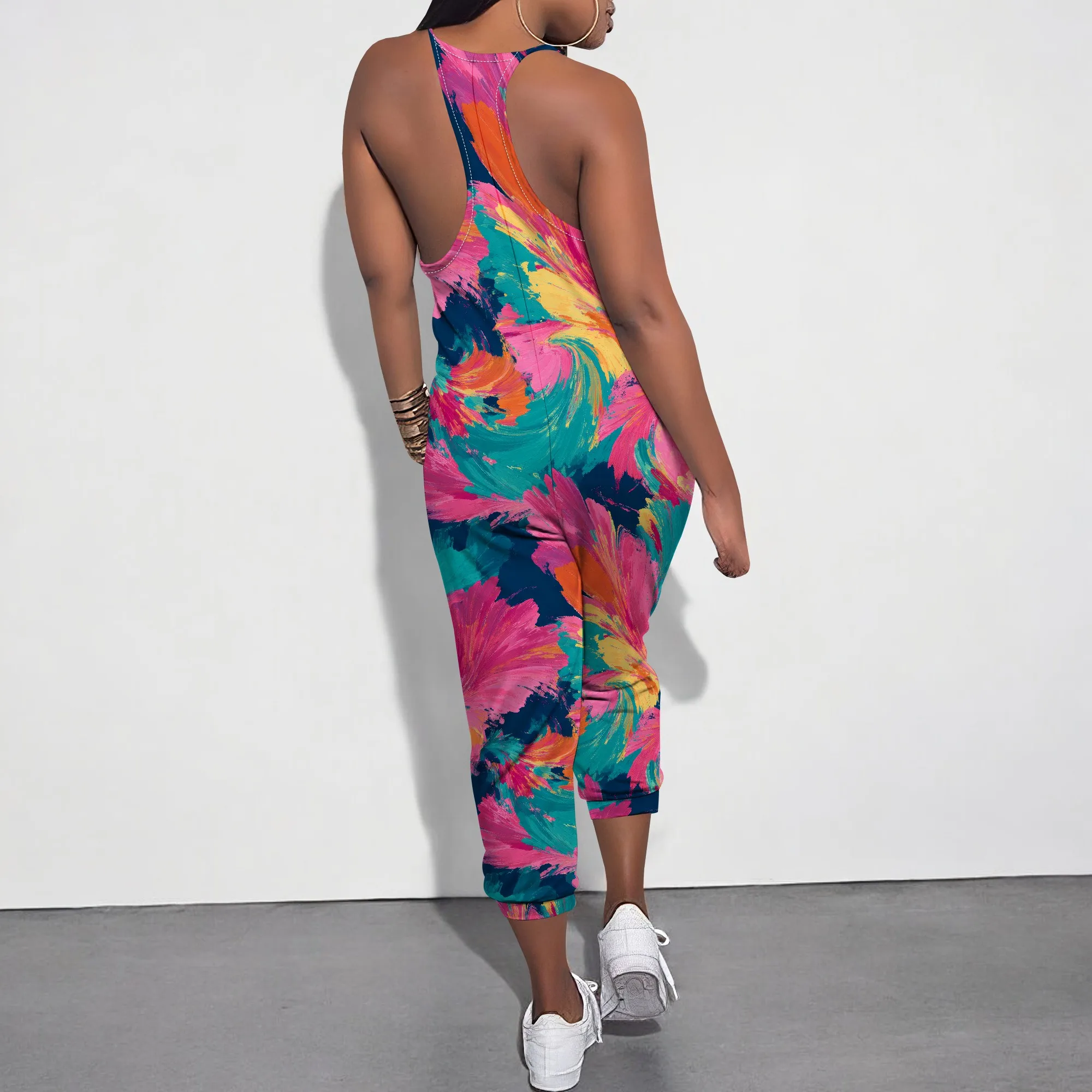 2025 Plus Size Bohemian Summer Fashion Women Overalls Sexy Backless Suspender Bodysuit Travel Floral Print Jumpsuit