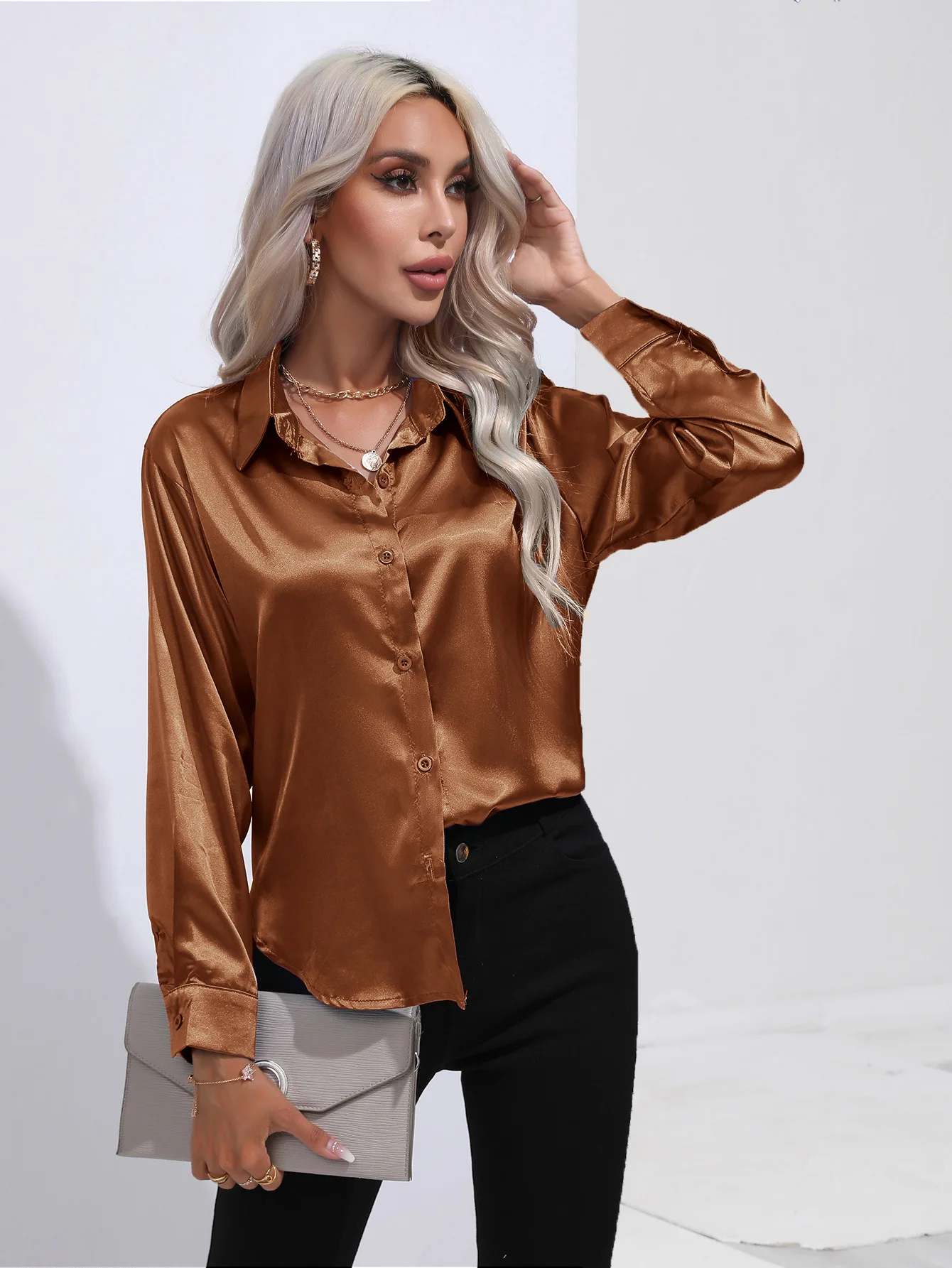 Elegant Women's Satin Silk Long Sleeve OL Green White Shirt Spring Summer Solid Office Lady Lapel Button Blouse Women Clothing