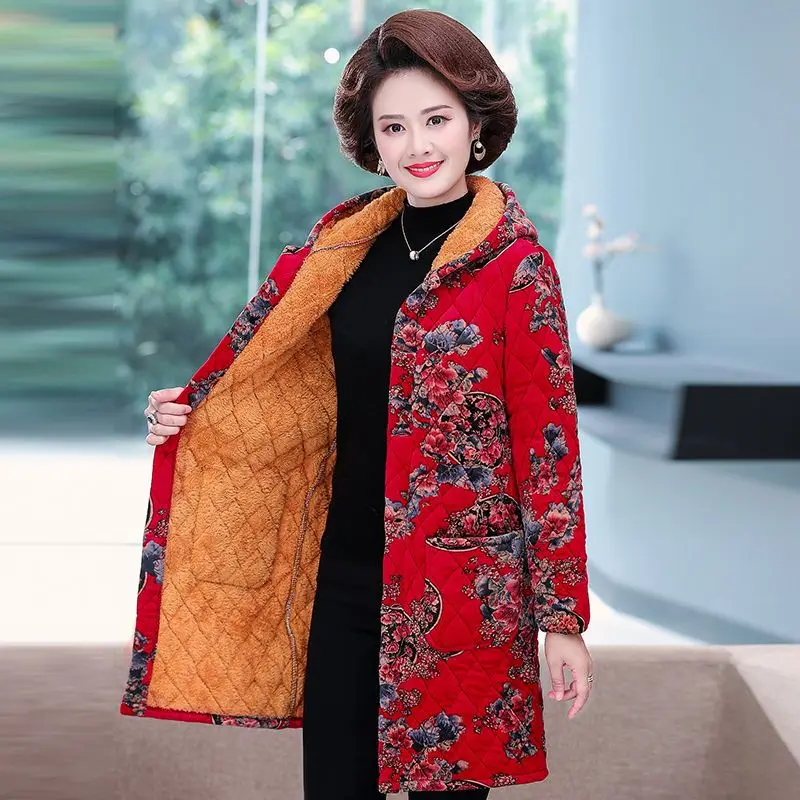 Middle-Aged Elderly Mothers Spring Autumn HoodedCotton Keep Warm Down Cotton Clothes Plus Velvet Small Padded Jacket Female Coat