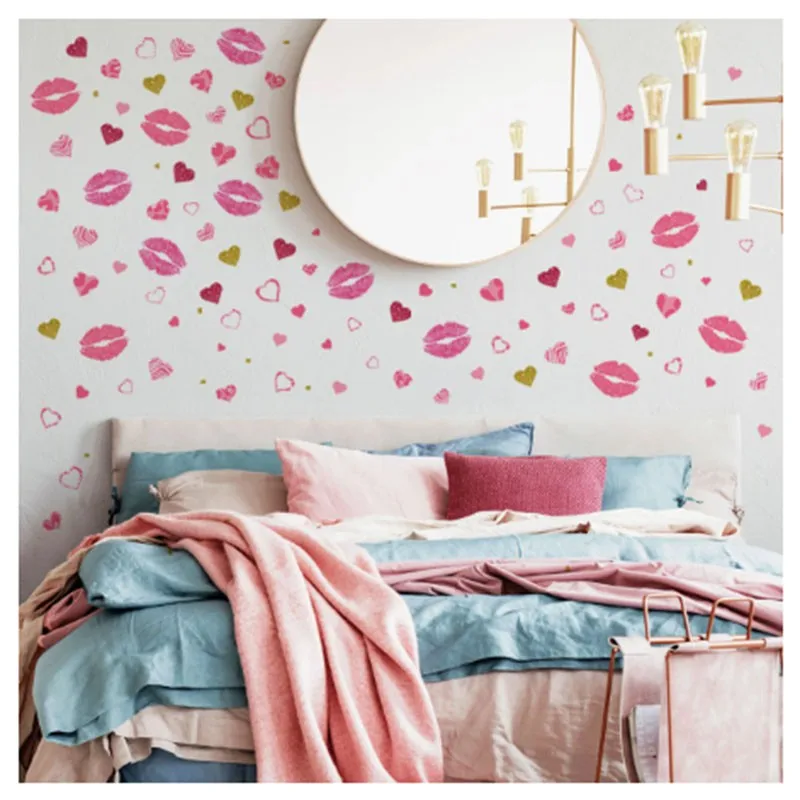 2pcs Leopard Print Red Lips Love Wall Decal Self Adhesive Wall Sticker Living Room Bedroom Dining Study Home Decor Ymf003