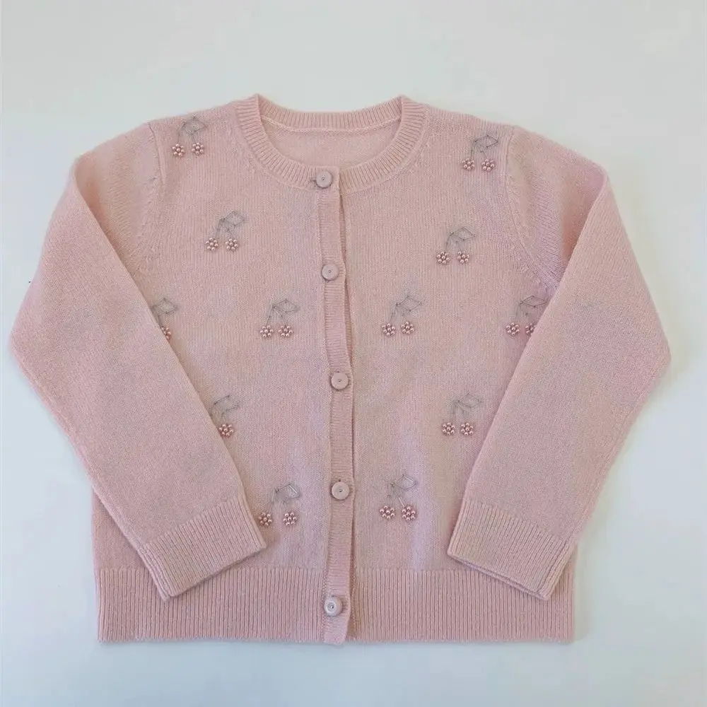 

kids girls clothes baby knitted coat girl clothes Cartoon cherry bead pattern fashionable cardigan Girls' pink cardigans