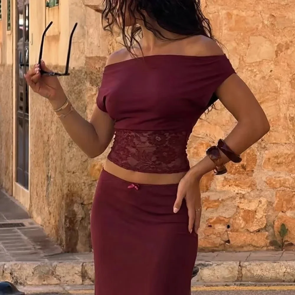 Off-Shoulder Lace Patchwork T-shirt Women Waist-Defining See Through Sleeveless Irregular Skew Collar Lace-Trimmed Summer Top