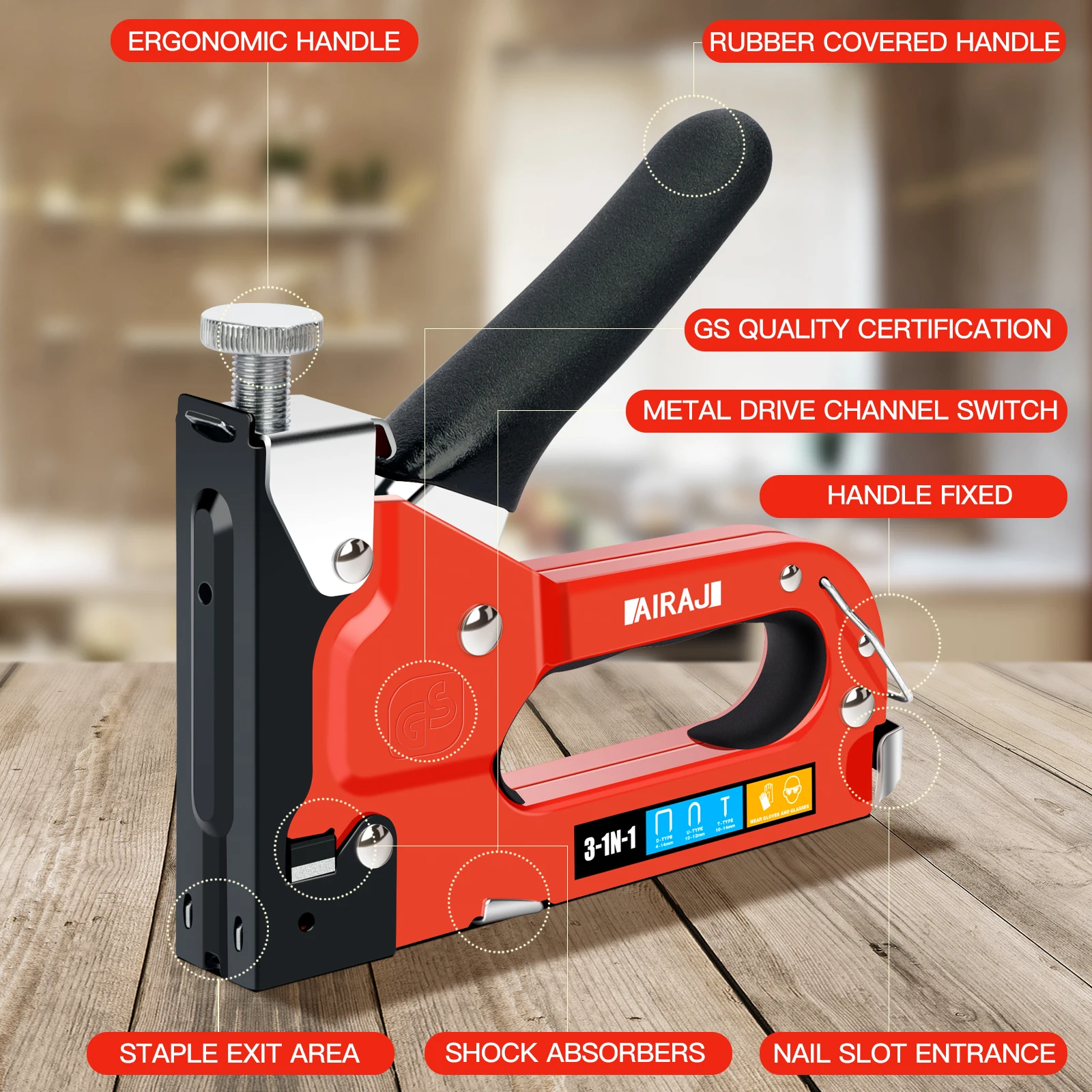 AIRAJ 3-in-1 Staple Gun Kit,Contains 2500 Strong Staples, TÜV GS Tested,with Safety Lock, Manual Nailer for Upholstery