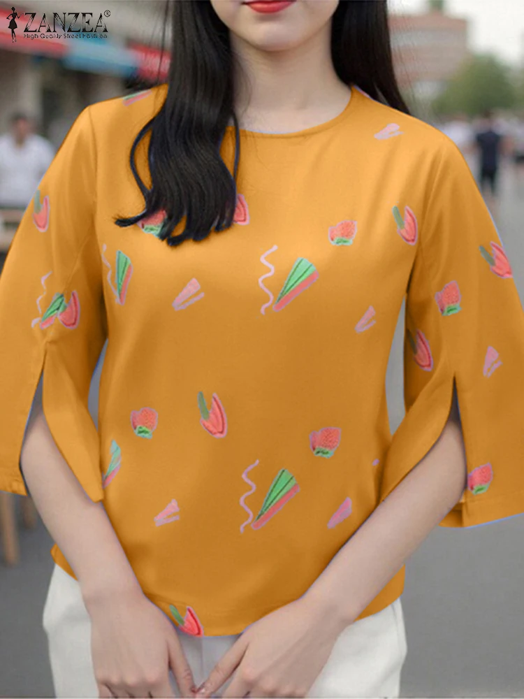 بلوزة نسائية من ZANZEA لصيف 2025 بأكمام 3/4 قمصان كلاسيكية مطبوعة موضة غير رسمية فضفاضة للعطلات بلوزات نسائية كبيرة الحجم