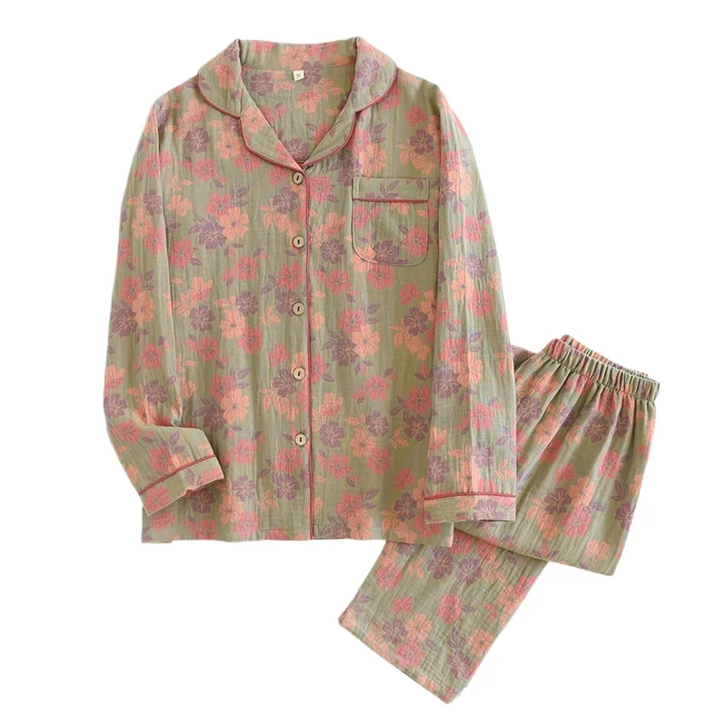 Cardigan Floral Pastoral Long-sleeved Trousers 3D Three-dimensional Color Woven Jacquard Cotton Yarn Double-layer Gauze Pajamas