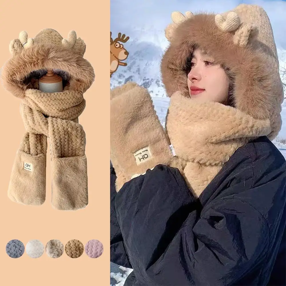 

Cute Winter Deer Horn Plush Hat Girl Warm Ear Protection Double-layer Thick Scarf Gloves Integrated Hat Ski Cap Hooded Scarf