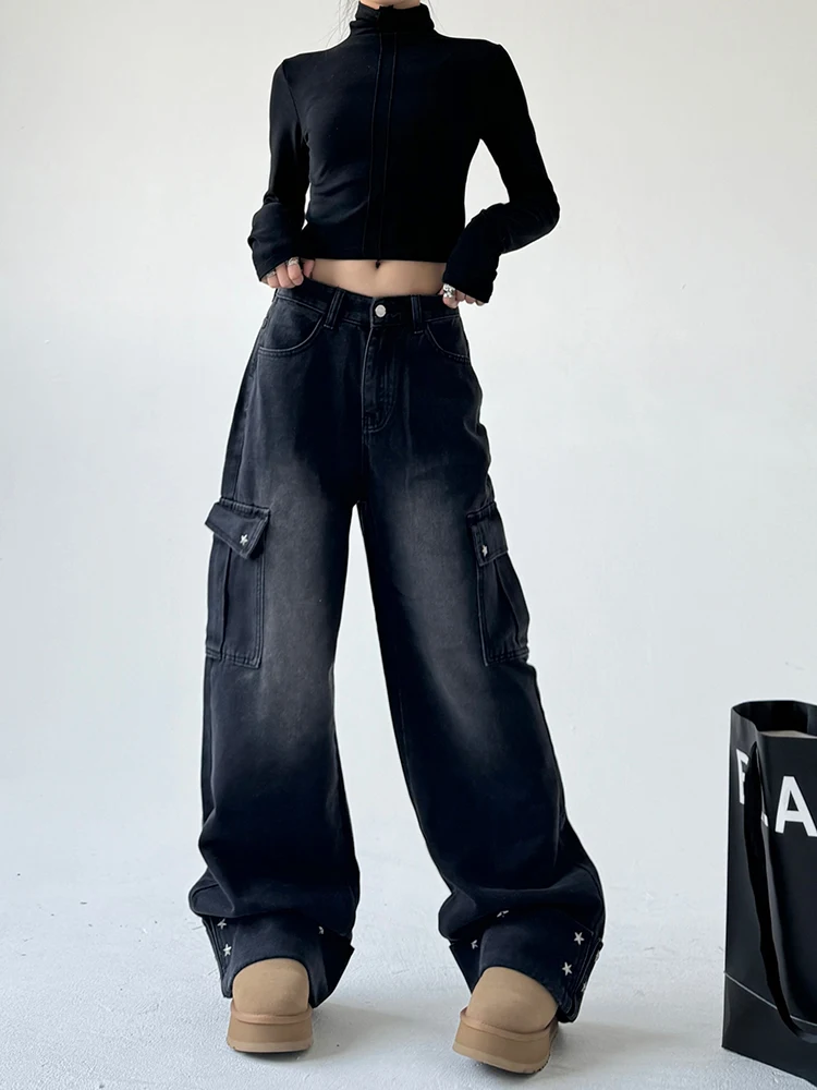 

Женские джинсы с высокой талией и широкими штанинами, зимний модный дизайн, с множеством карманов, черные с градиентом, свободные, рабочие, из хлопкового стрейч-денима