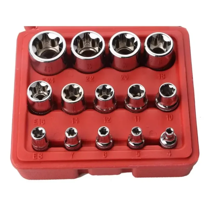 

14PCS Female E-Torx Star Socket Set with Case 1/4, 3/8, 1/2 in. Drive External Star Socket Set E4-E24 Torque Socket Set
