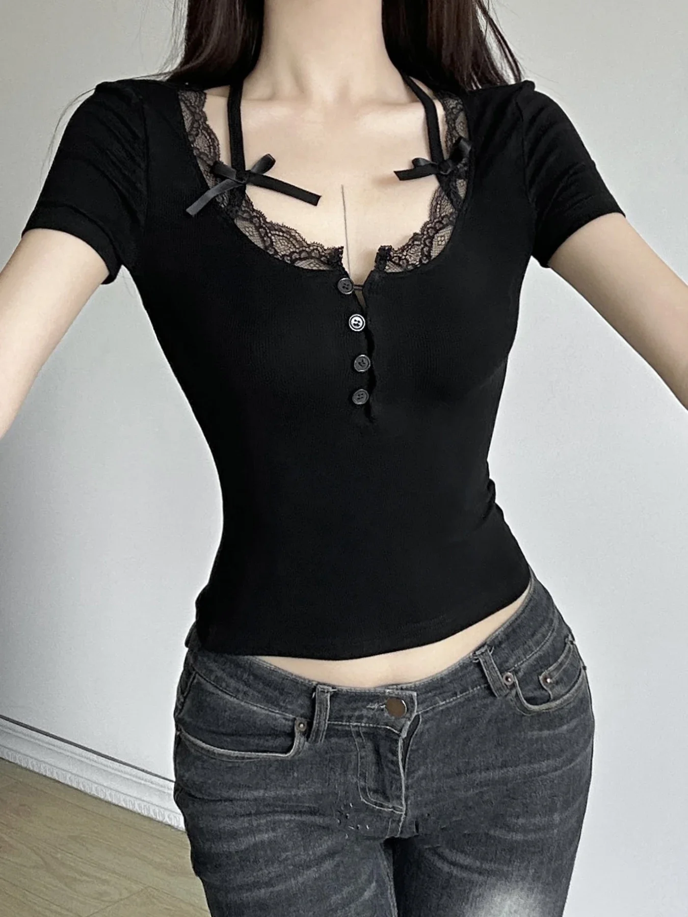 Halter pescoço renda guarnição arco bonito preto camiseta feminina botão até magro manga curta branco t doce balletcore roupas
