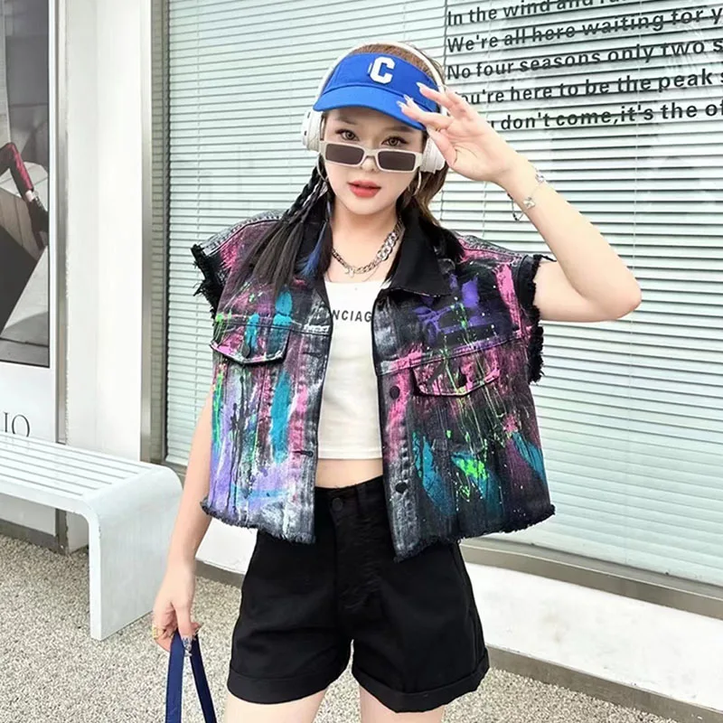 Streetwear Fashion Hand-painted Flower Letter Graffiti Printing Black Short Denim Vest Women Lapel Sleeveless Cowboy Waistcoat