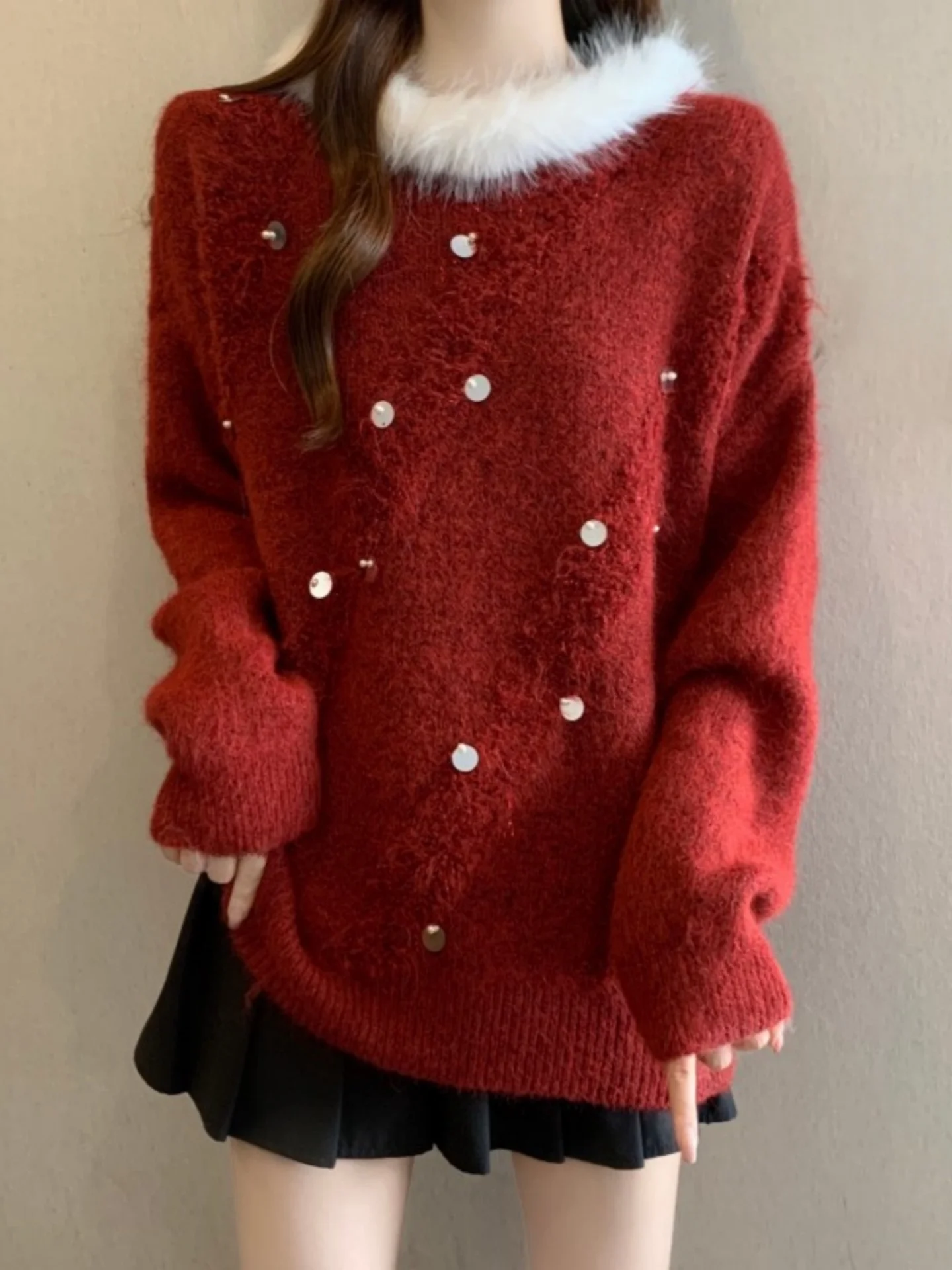 

Red Splicing Furry Knitwear Women's Spring Autumn plus Size Slimming Beautiful Top Sequin Knitted Sweater Commute Style Korea...