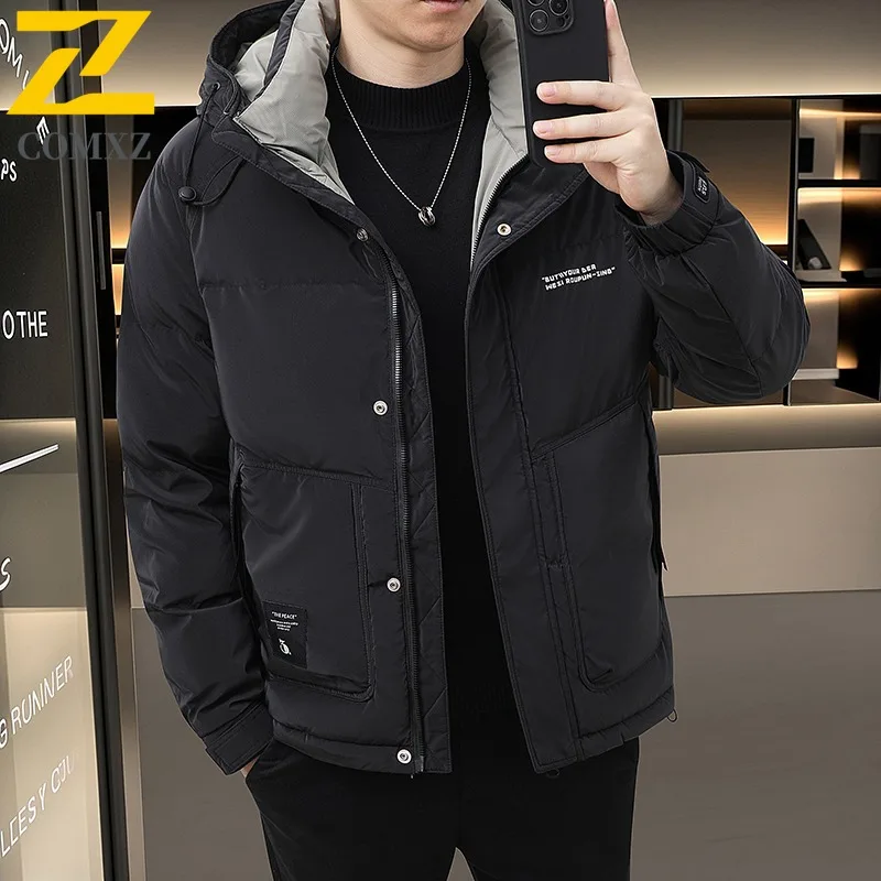COMXZ Winter Puffer Jacket 2025 Casual Hooded Commuting Office Windproof Down Coat Slim Fit White Duck Down Thickened Garment