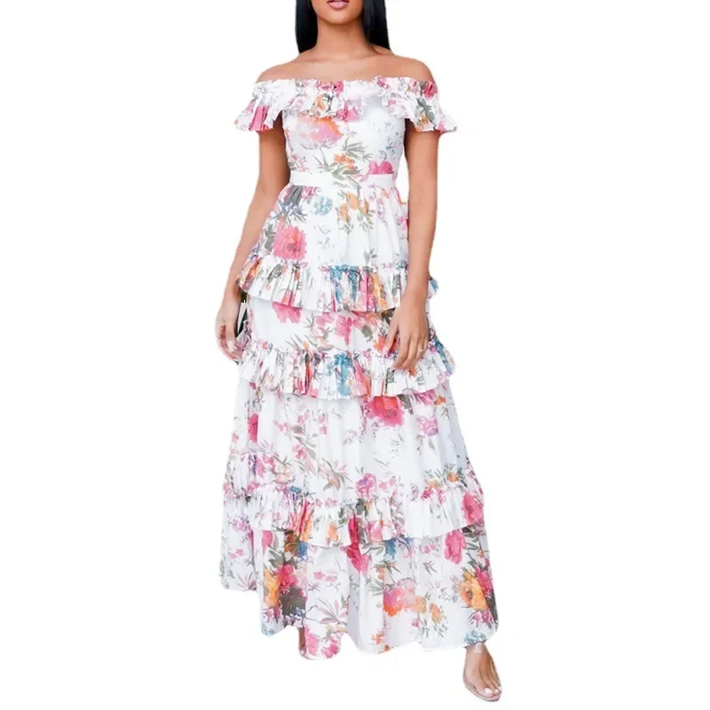 Women Dress Sleeveless Printed Slash Collar Ruffled Fashion Vacation Style Long Dress Off Shoulder Bohe Maxi Beach Dress