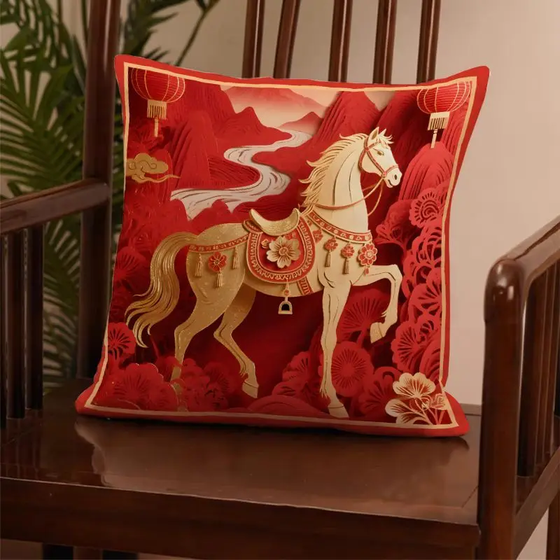 Home Decor Chinese Style Horse-Patterned Cushion Covers Pattern Cushion Cover Suitable For Sofa Bedroom Car Pillow Cover