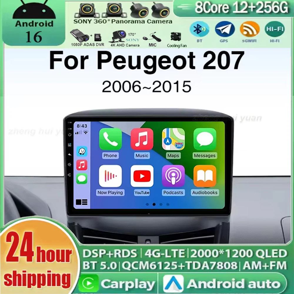 Radio para Auto Android 16 con CarPlay y Android Auto para Peugeot 207 CC 2006 2007 2009 2010 2011 2013 2015 Reproductor Multimedia Inalámbrico