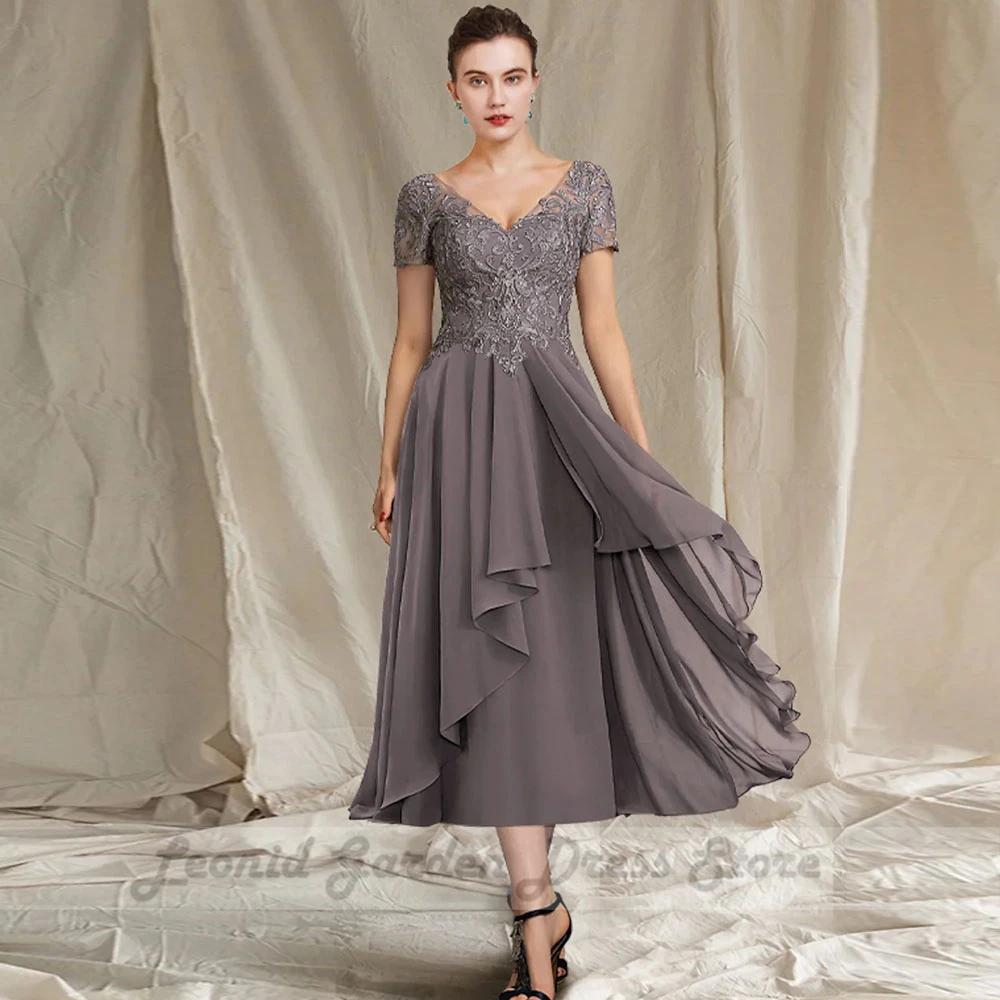 Chiffon A-Line Evening Dresses for Women A-Line Tea Length Short Sleeve V Neck Applique Party Gowns Zipper Back Wedding Party