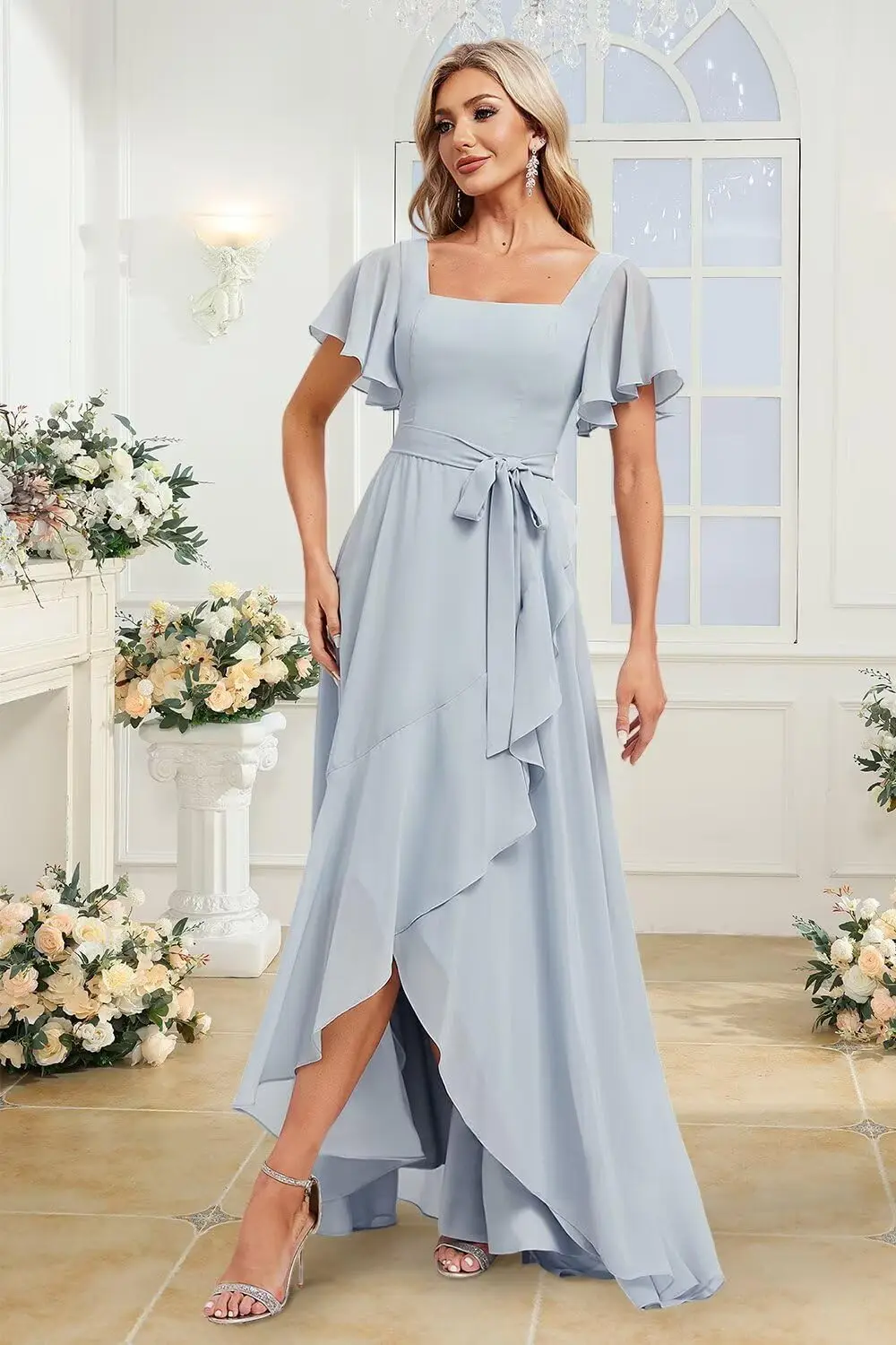 Women's Chiffon Bridesmaid Dress with Flowing Ruffle, Square Sleeves, Tie Pockets, Evening Gown Long Ball Gow Women Evening Gown