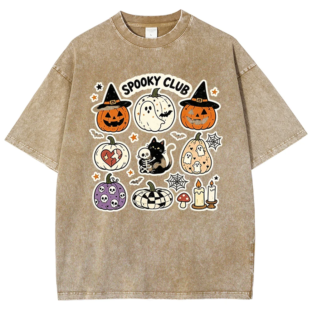 Vintage Washed Spooky Club Halloween Tee Pumpkin Ghost Black Cat Skeleton Graphic Unisex Top Spooky Season Streetwear Daily Wear
