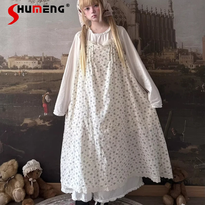 

Japanese Sweet Pastoral Lace Trim Floral Camisoles Dress New Summer Sleeveless Sheer Mesh Dresses Loose Casual Fairy Daily Wear