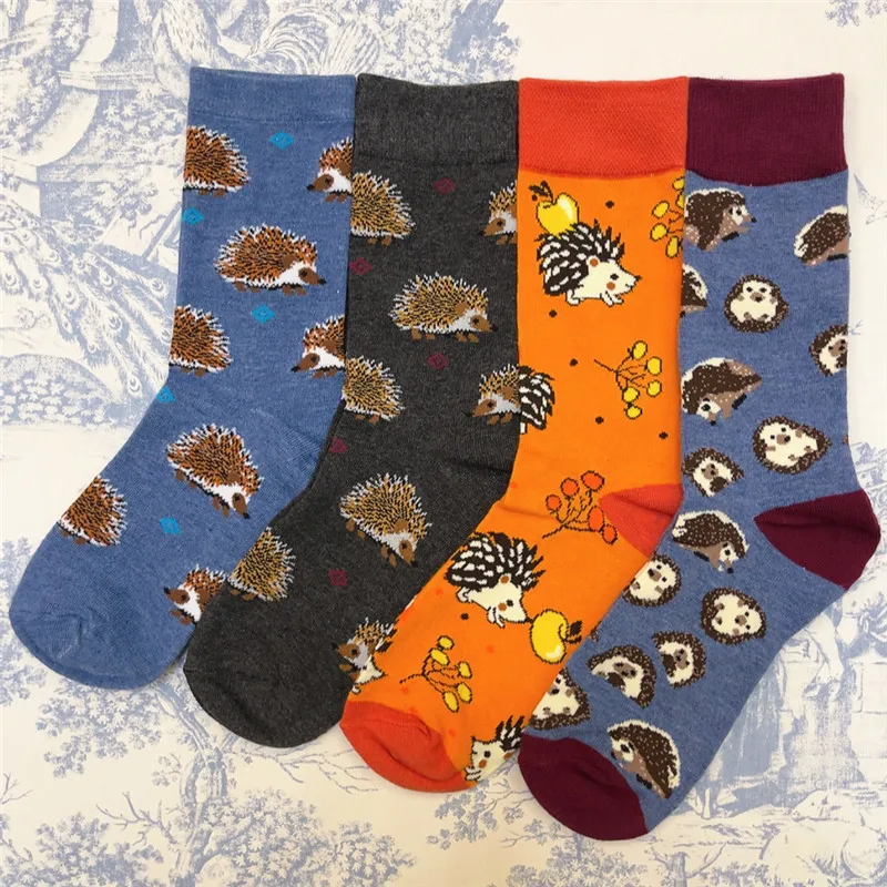 1Pair Adult Size Mid Calf Crew Cartoon Hedgehog Cottton Unisex Socks British Style Casual Harajuku Forest Animal Art Couple Fun