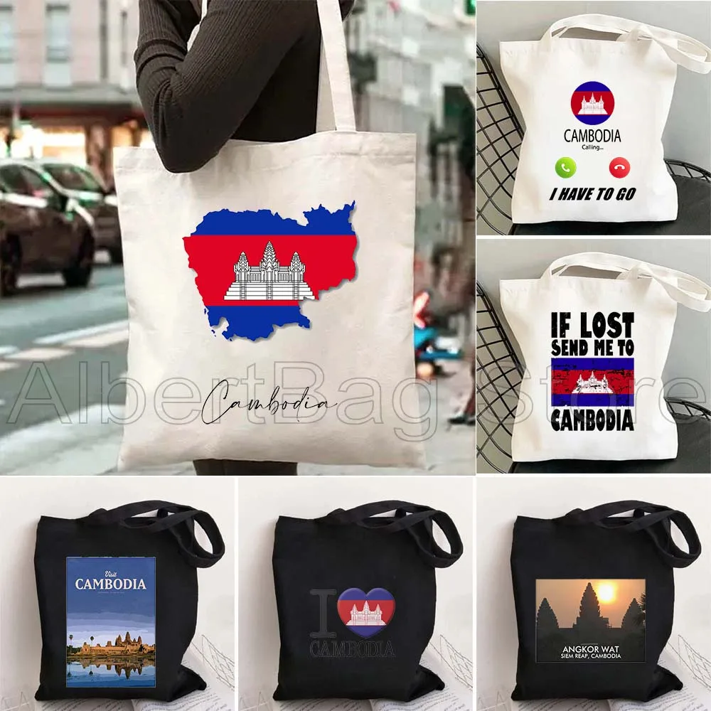 

Cambodia Country Map Flag Angkor Wat Gifts Shoulder Canvas Tote Bag Harajuku Shopping Bag Casual Summer Beach Shopper Handbag