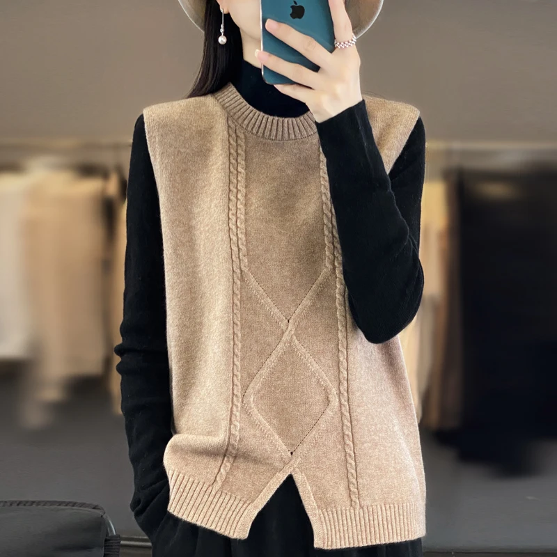 Autumn And Winter New Cashmere Vest Women's O-neck Pullover Vest Fashion Knitted Women Sleeveless Loose Woolen Sweater Female