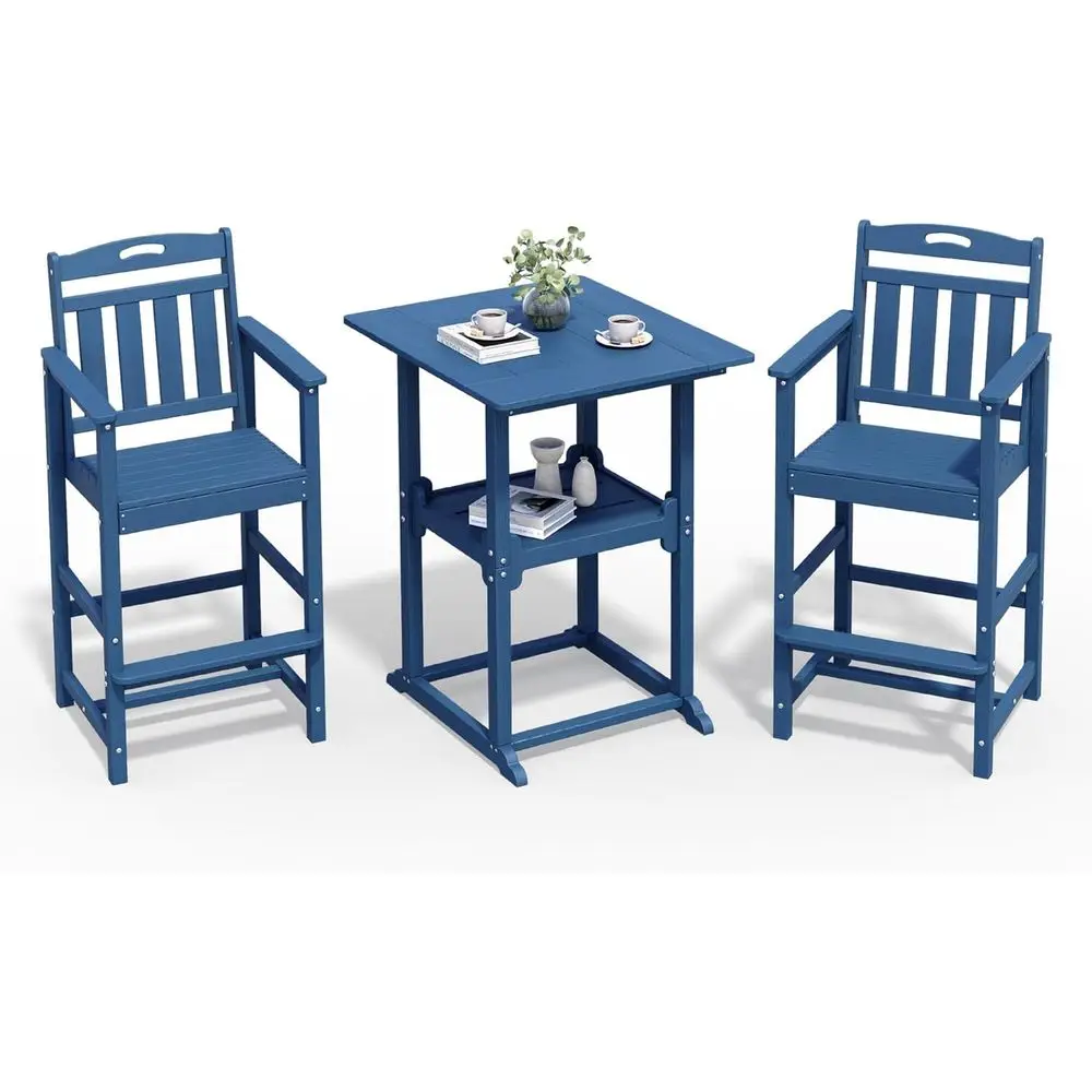 

All-Weather Navy Blue Outdoor High Top Bistro Table with Storage and 2 Oversized Adirondack Chairs