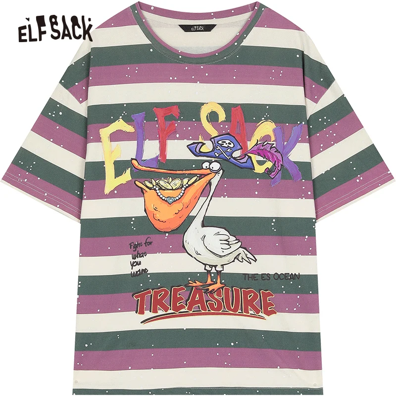 ELFSACK 2024 Summer New Arrivals Retro striped loose printed short sleeved t-shirt for women, unique and chic top