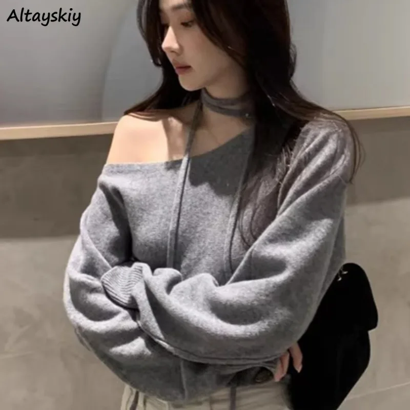 Sexy Pullovers for Women All-match Solid Soft Minimalist Off Shoulder Casual Spring Autumn New Long Sleeve Warm Korean Style Ins