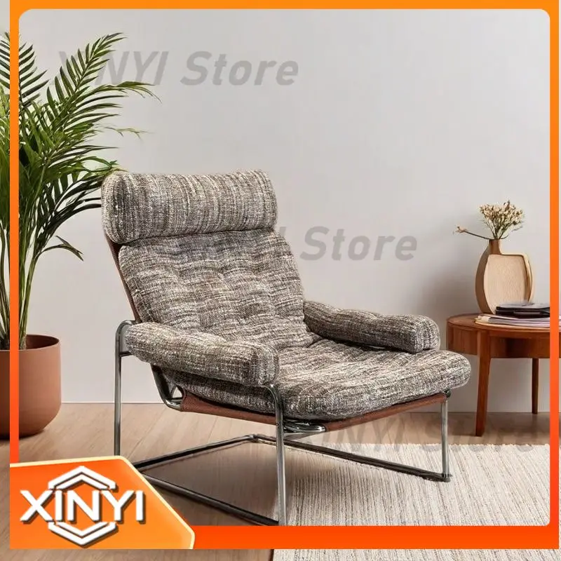 Retro Houndstooth Fabric Armchair with Stainless Steel Frame and Genuine Leather Trim for Mid Century Modern Lounge Chair