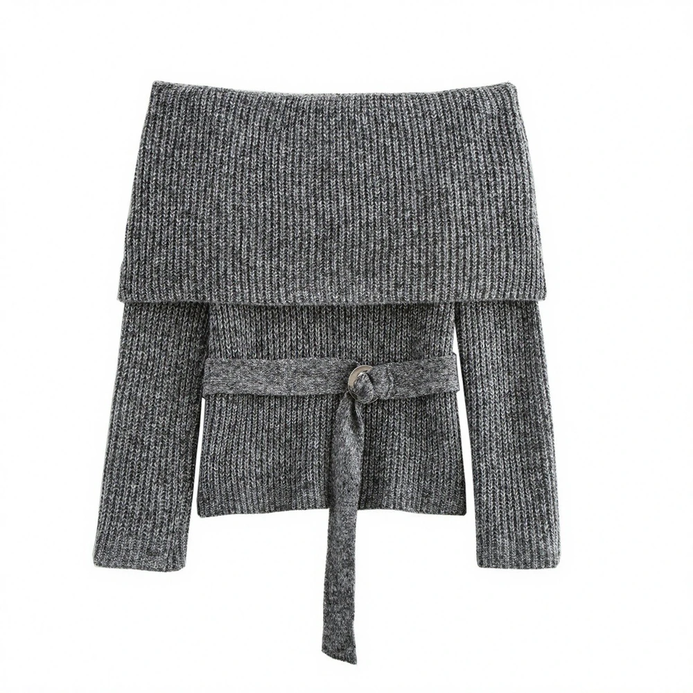 

Women's Long Sleeve Off-Shoulder Sweater Lace-Up Plain Thread Autumn Decent Basic Style
